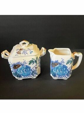 Mason’s Ironstone Belvedere Creamer and Sugar Bowl w/ Lid Vintage Floral Blue